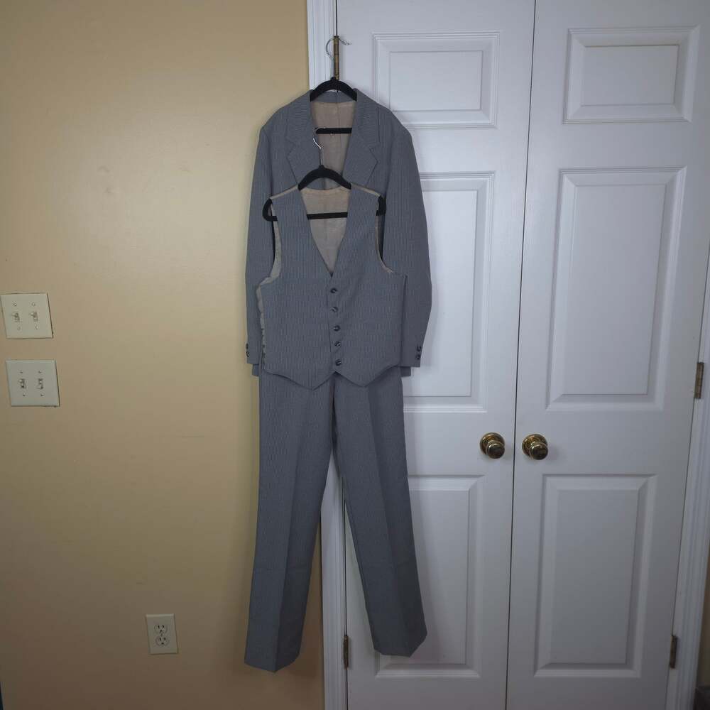 Vintage 90s Jonathan Michael 3-Piece Vest Suit Set in Gray Pinstripe Boy's 14